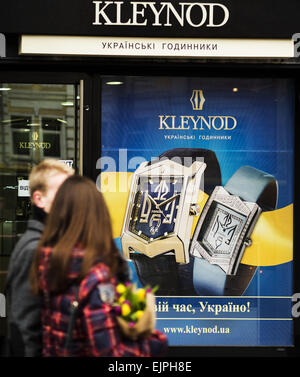 March 30, 2015 - Kleynod shop in downtown Kiev -- Ukrainian watch brand Kleynod, like many other manufacturers use Swiss movements. This allows the manufacturer to compete in the domestic market. The most popular is series ''Independence'' with a stylized image of Ukrainian coat of arms. © Igor Golovniov/ZUMA Wire/Alamy Live News Stock Photo