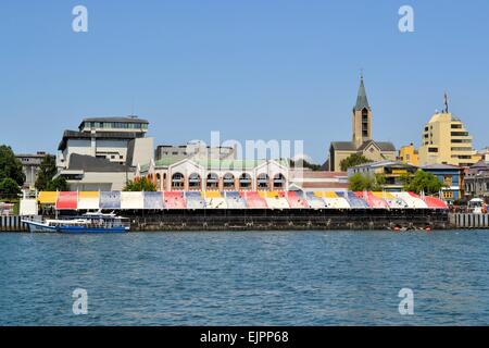 Old center with fish market and river, Valdivia, Chile Stock Photo