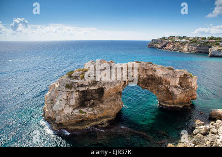 Natural stone arch in the sea, It Pontàs, Santanyi, Majorca, Balearic Islands, Spain Stock Photo