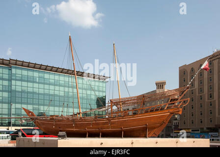 Replica of a Traditional Arabic Two Masted Dhow Museum Exhibit Dubai Museum Stock Photo