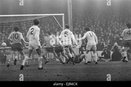 FA Cup Quarter Final match at Elland Road. Leeds United 2 v Tottenham Hotspur 1. Goal for Leeds with Paul reaney (2), Jack Charlton (5) and Eddie Gray (11) looking on. 18th March 1972. Stock Photo