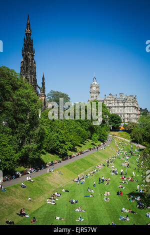 Sunny Summer day in Princes St Gardens (East), just in front of the Scott Monument, Edinburgh, Scotland. Stock Photo