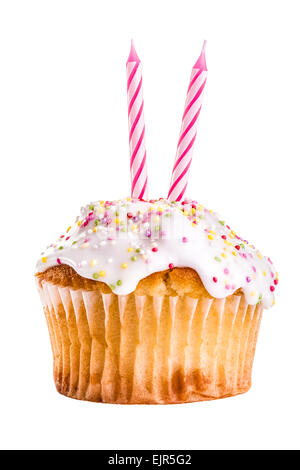 Birthday cupcake with two pink candles with a white background. Stock Photo