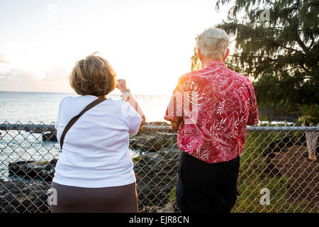 Older couple admiring scenic view of ocean Stock Photo