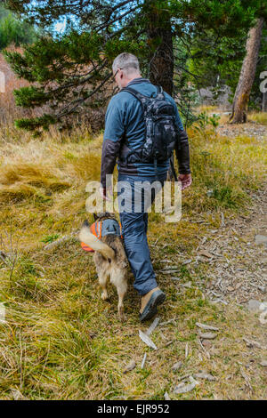 Caucasian man hiking with dog on forest path Stock Photo