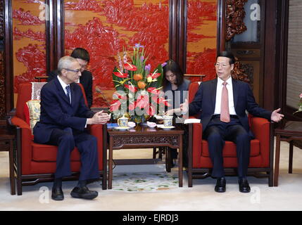 Beijing, China. 31st Mar, 2015. Chinese Vice Premier Zhang Gaoli (R) meets with a delegation from the the Center for American Progress(CAP) of the United States led by John Podesta (L), founder of the CAP and former chief of staff to then U.S. President Bill Clinton, in Beijing, capital of China, March 31, 2015. © Ju Peng/Xinhua/Alamy Live News Stock Photo