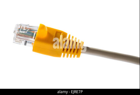 Isolated bright yellow ADSL cable connector for a computer modem to provide access to broadband internet Stock Photo
