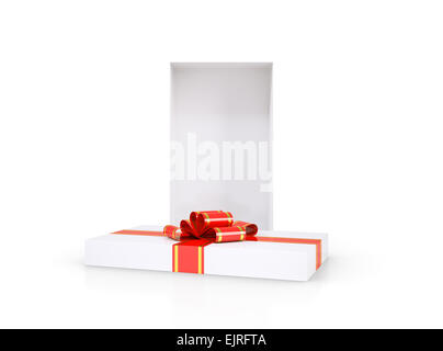 Open gift box and lid with ribbon. Isolated Stock Photo