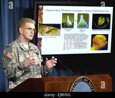 Army Surgeon General Lt. Gen. Eric Schoomaker explains, during an April 17, 2008 Pentagon press conference, how medical researchers are growing a new ear for a badly burned Marine using stem cells from his own body.  This is just one area of advanced treatment to be explored by the new Armed Forces Institute of Regenerative Medicine, the establishment of which was announced by Schoomaker and Assistant Secretary of Defense for Health Affairs Dr. S. Ward Casscells at the press conference.   R. D. Ward Stock Photo