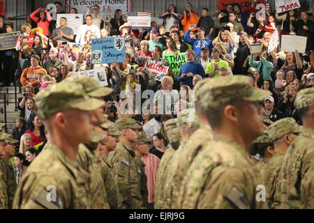 About 270 Soldiers of the 4th IBCT, 1st Inf. Div., stand in formation as they prepare to be released to their loved ones during a welcome home ceremony Feb. 3 at Fort Riley, Kan. About 350 Soldiers from the &quot;Dragon&quot; Brigade returned to Fort Riley in two groups this weekend, and more are expected this month as the brigade wraps up its nine-month deployment to Afghanistan.  Sgt. Scott Lamberson Stock Photo