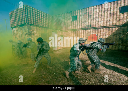 A team of Soldiers belonging to the 450th Engineer Company, the 350th Eng. Co., and the 374th Eng. Co., moves through concealing smoke to enter and clears a building as one of the evaluated exercises for Sapper Stakes at Fort McCoy, Wis., May 6. Sapper Stakes is a combined competition hosted by the 416th Theater Engineer Command and the 412th TEC to determine the best combat engineer team in the Army Reserve.  Sgt. 1st Class Michel Sauret Stock Photo