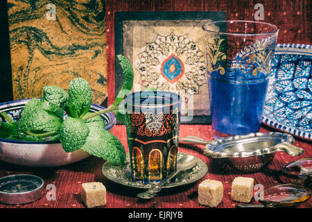 Traditional Arabic mint tea in retro style Stock Photo