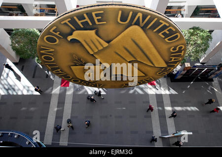 The Association of the United States Army AUSA emblem hangs in the Washington Convention Center in Washington D.C., on Oct 7, 2008. AUSA is a private, non-profit educational organization that supports America's Army - Active, National Guard, Reserve, Civilians, Retirees and family members. Army photo by D. Myles Cullen released Stock Photo