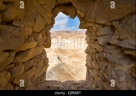 Window in a wall in the Columbarium tower on Masada in Israel Stock Photo