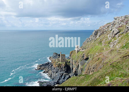 Crown Mines at Botallack in Cornwall. The mine is used to depict the Grambler Mine in the 2015 BBC television series 'Poldark'. Stock Photo