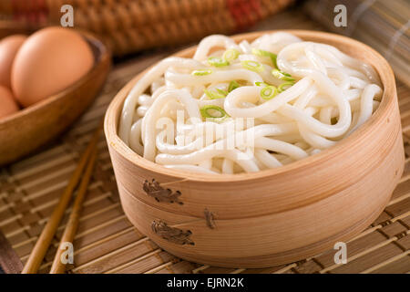 Delicious Japanese udon noodles with green onion. Stock Photo