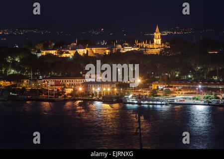 Palace Topkapi by night from Galata Tower, Istanbul, Turkey. Stock Photo