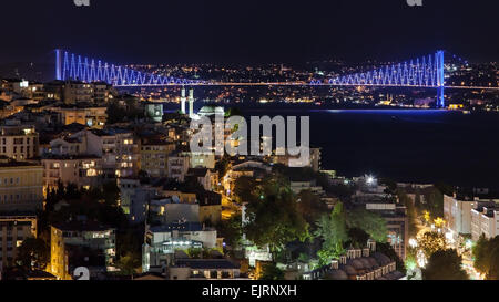 Bosphorus bridge by night from Galata Tower, Istanbul, Turkey. Stock Photo