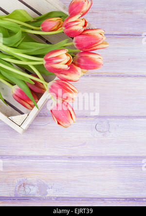 Orange tulips over wooden table. Top view with copy space Stock Photo
