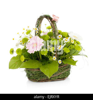 Bouquet of flowers in basket with butterfly. Isolated on white background Stock Photo