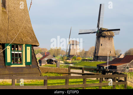 Traditional Windmills beside a Canal, Schermerhorn, North Holland, Netherlands Stock Photo