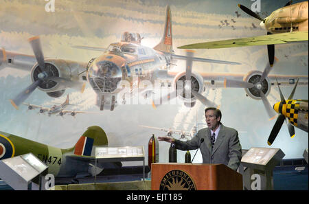 Washington, DC, USA. 31st Mar, 2015. President and CEO of Commemorative Air Force Stephan Brown speaks during the press briefing of Arsenal of Democracy: World War II Victory Capitol Flyover at National Air and Space Museum in Washington, DC, capital of the United States, March 31, 2015. The United States will commemorate the 70th anniversary of the World War II victory with diverse arrays of U.S. World War II aircraft being flown over Washington, DC on May 8, event organizers said Tuesday. © Bao Dandan/Xinhua/Alamy Live News Stock Photo