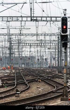 Railway tracks and switches on the track field of Zurich main station, one of Europe's busiest railway stations. Stock Photo