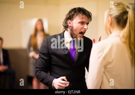 A group of Aberystwyth University students rehearsing a modern dress version of the classic tragic drama  'King Lear' by William Shakespeare. Stock Photo