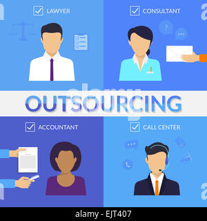 Four types of outsoursing for business start-up. Lawer, consultant, accountant, call center operator Stock Photo