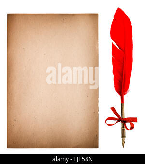 Old paper sheet with feather ink pen. Grungy texture isolated on white background Stock Photo