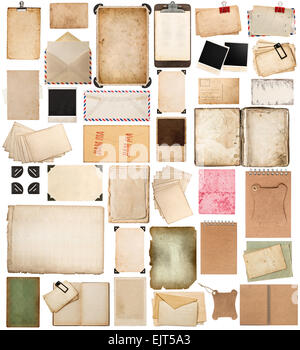 aged paper sheets, books, pages and old postcards isolated on white background. vintage photo frames. Stock Photo