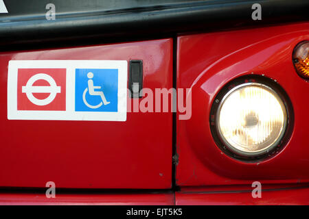 A london transport  and disabled logo on a red double decker bus Stock Photo