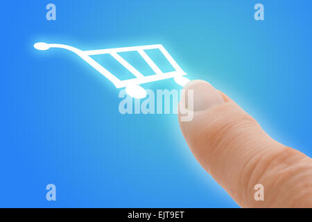 Buy Now Touch Screen Finger Pointing to Shopping Cart Icon Stock Photo