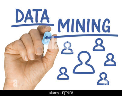 Hand with Blue Highlighter Pen writing Data Mining Stock Photo