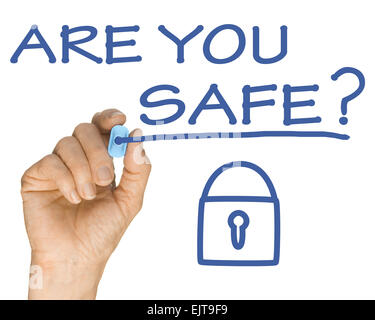 Hand and Blue Highlighter Pen writing  Safe with Padlock Stock Photo