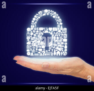 Hand Holding Computer Icons in a Security Padlock Shape Stock Photo