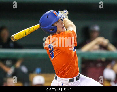 Florida Gators outfielder Harrison Bader (8) slides head first into second  base against the Miami Hurricanes in the NCAA College World Series on June  17, 2015 at TD Ameritrade Park in Omaha