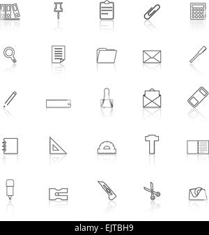 Stationery line icons with reflect on black background, stock vector ...