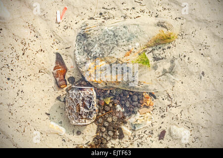 Garbage in shallow water, beach polluted by people, environmental pollution concept. Stock Photo
