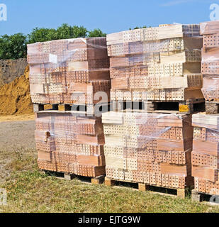Pallet a red brick building material stack of new red bricks for ...