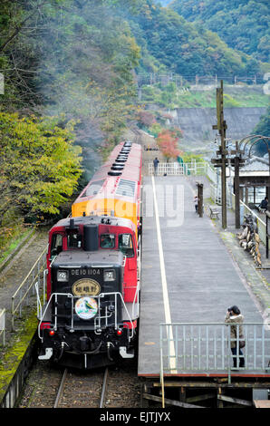 Old style train on a scenic railway in Japan Stock Photo