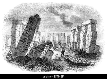 engraved illustration of a Druid stone circle, Jersey, Channel Islands ...