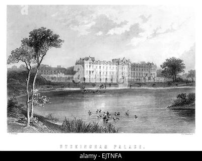 1897 engraved illustration of Buckingham Palace, from St James's Park, London. circa1890's Stock Photo