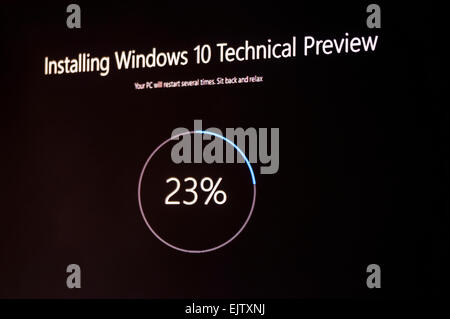 Installing Windows 10 Technical Preview, a public beta release. Stock Photo