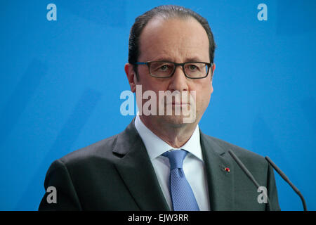 MARCH 31, 2015 - BERLIN: French president Francois Hollande at a press conference after a meeting of the German and French gover Stock Photo