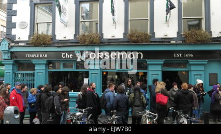 Dublin, Ireland. 01st Apr, 2015. People queuing outside The Norseman pub in Dublin's Temple Bar as they wait to take part in the second day of extras open casting for the new season of the Vikings tv series in the nearby Filmbase venue. Credit:  Brendan Donnelly/Alamy Live News Stock Photo
