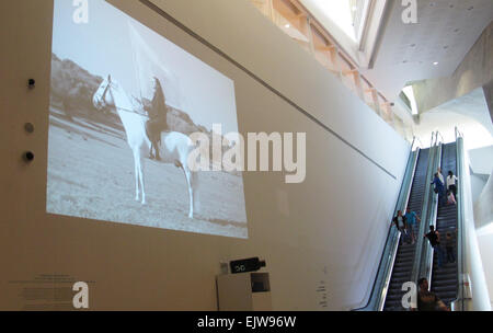 A video by the artist Marina Abramovic  is shown in the arts museum in Tel Aviv, Israel, 31 March 2015. For the first time the arts museum in Tel Aviv presents a large collection from Germany on occasion of the 50th anniversary of the German-Israeli relationsips. 22 artworks by 17 artists can be seen in the exhibition 'Turn On' from Julia Stoschek's collection. Photo: Sara Lemmel/dpa Stock Photo