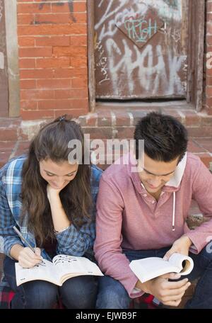 USA, New York State, New York City, Brooklyn, Young couple reading book and doing crossword