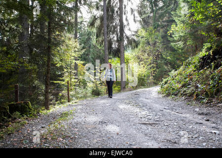 Austria, Salzburger Land, Maria Alm, Woman hiking in forest Stock Photo