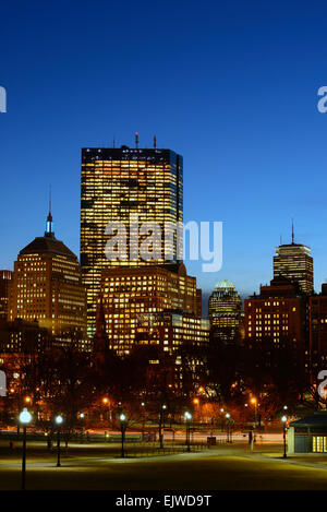 USA, Massachusetts, Boston, Copley Square, Illuminated office buildings at dusk Stock Photo